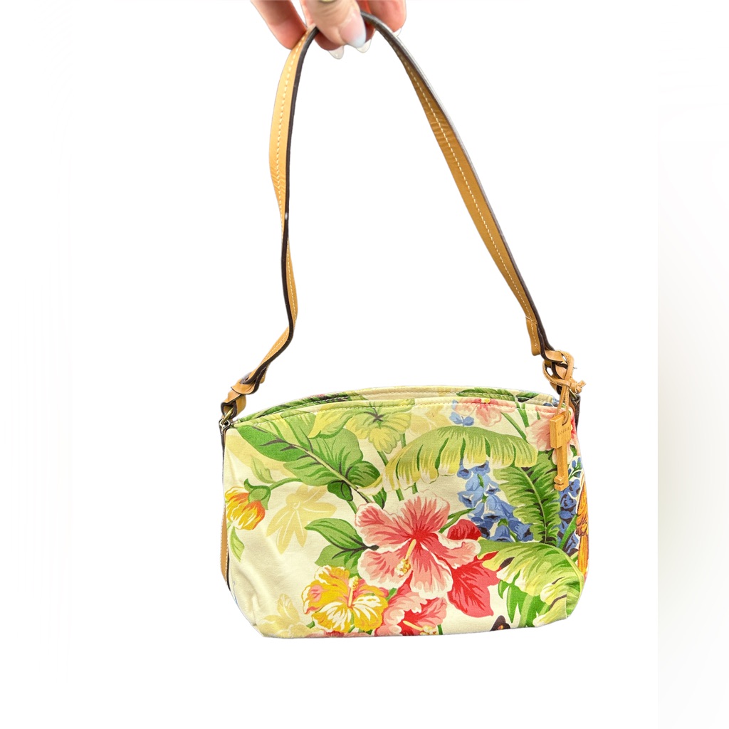 Vintage Fossil Floral Fabric Tapestry Bag With Leather Handle